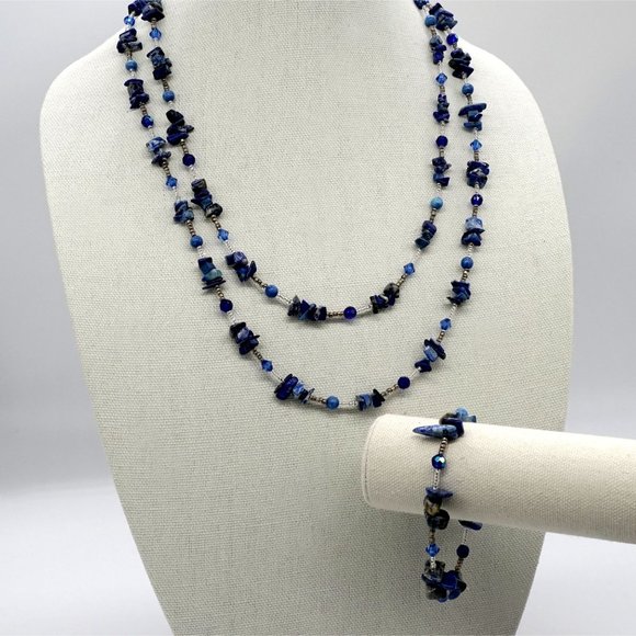 Necklace set with Lapis Lazuli chips and Lapis beads. Xtra long. - Picture 2 of 8